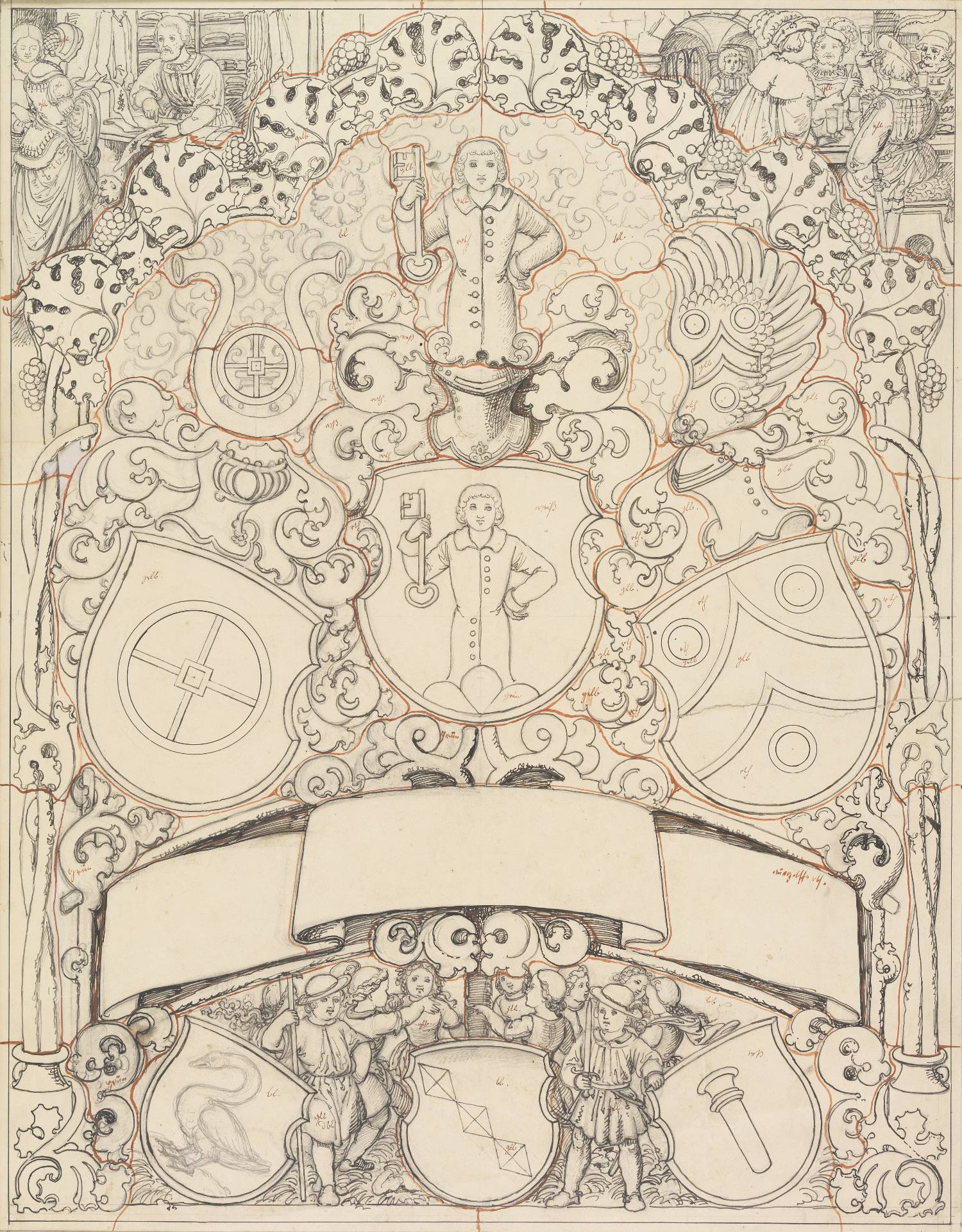 Scheibenriss mit Wappen Oschwald. Peyer mit den Wecken, Ringk v. Wildenberg, Peyer im Hof und zwei weiteren Wappen